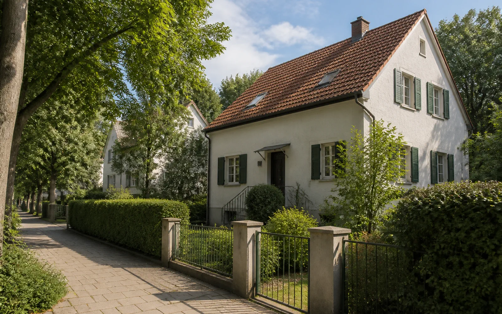 Bestehendes Wohnhaus mit kleinem Garten in einem grünen städtischen Wohnumfeld